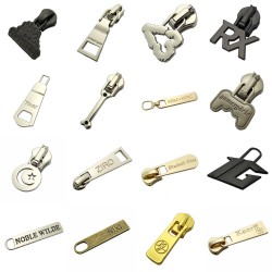 Brushed Antique Brass Color Custom Logo Embossed Metal Zipper Puller For Bag / Clothes