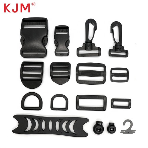 Kjm Buckle Manufacturer Free Sample 1 Inch Black Pom Recycled Plastic Side Release Buckle Adjustable Tri-glide Slide And D Ring